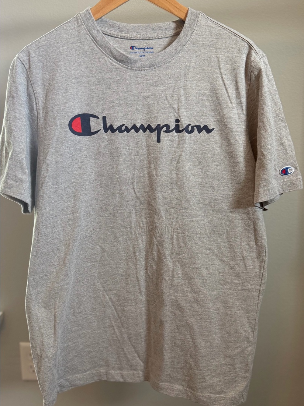 Champion Short-Sleeve Logo Tee in Gray with Navy & Red Accents